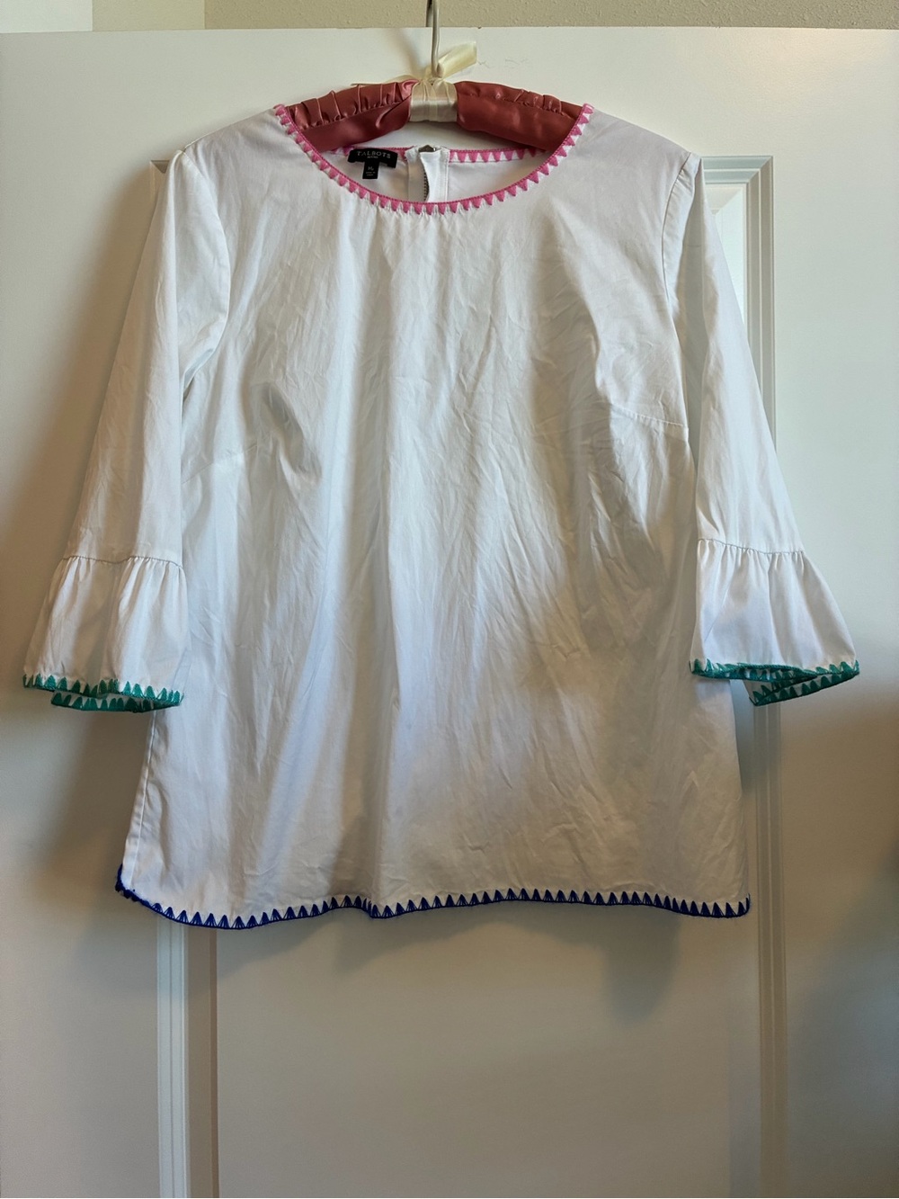 Talbots White Cotton Top with Pink, Teal & Blue Trim